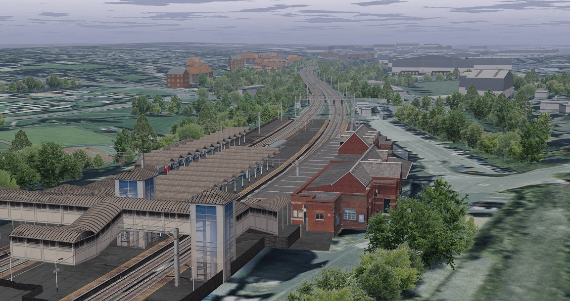 Simulated virtual model of a train station and surrounding area